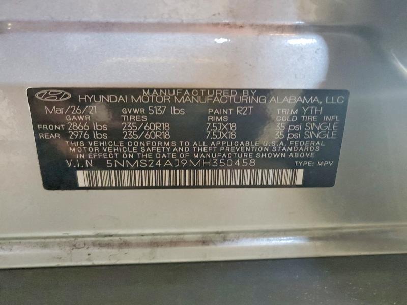 Aukcja sprzedaży 2021 Hyundai Santa Fe, vin: 5NMS24AJ9MH350458, numer aukcji: 65202966