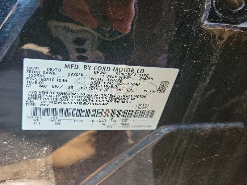 2011 Ford Edge მანქანა იყიდება აუქციონზე, vin: 2FMDK4KC6BBA16842, აუქციონის ნომერი: 64440836