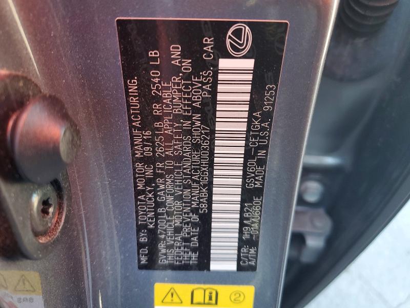 2017 Lexus Es მანქანა იყიდება აუქციონზე, vin: 58ABK1GGXHU036217, აუქციონის ნომერი: 65263766