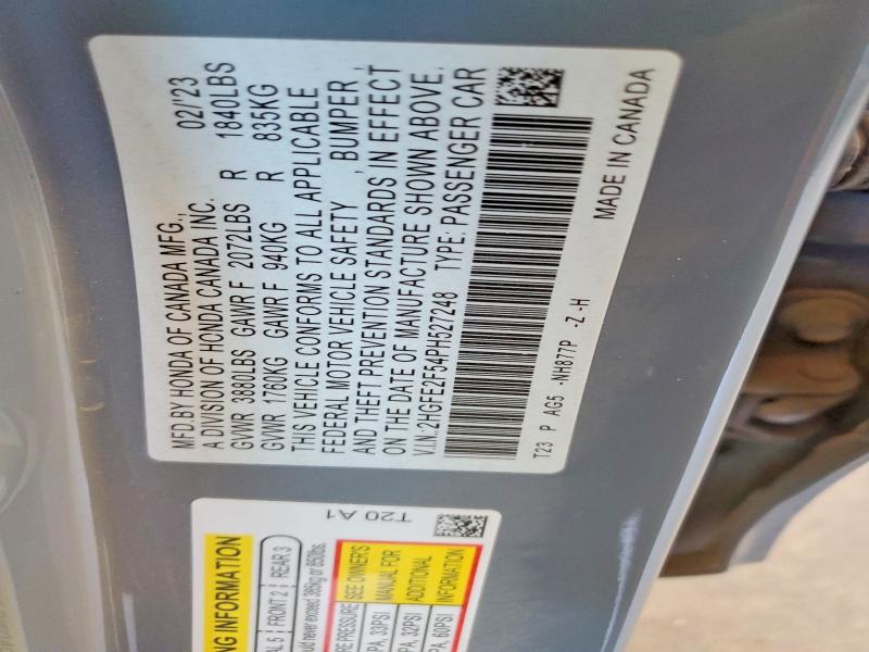 Продажа на аукционе авто 2023 Honda Civic, vin: 2HGFE2F54PH527248, номер лота: 61450026