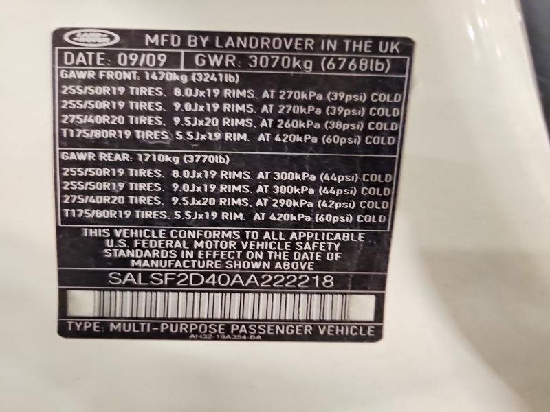 Продаж на аукціоні авто 2010 Land Rover Range Rover Sport, vin: SALSF2D40AA222218, номер лоту: 64513186
