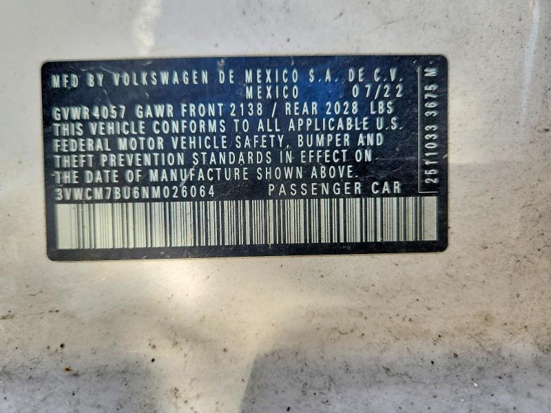 Продаж на аукціоні авто 2022 Volkswagen Jetta, vin: 3VWCM7BU6NM026064, номер лоту: 64682986