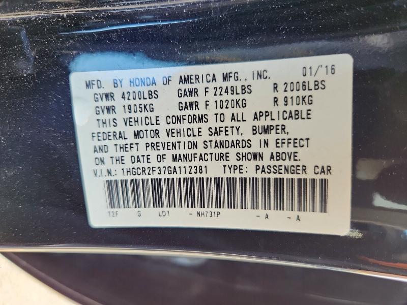 Продажа на аукционе авто 2016 Honda Accord, vin: 1HGCR2F37GA112381, номер лота: 64851156