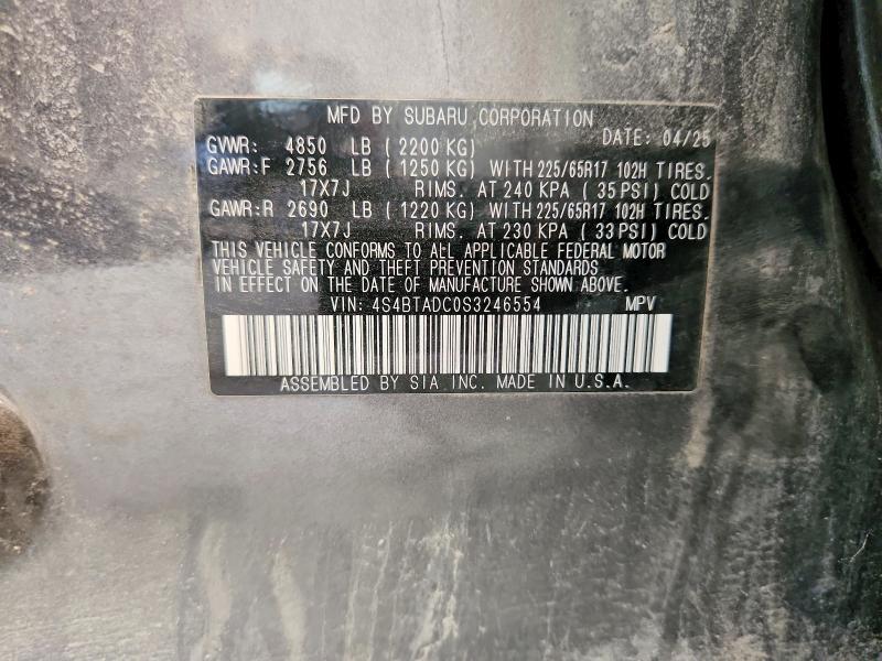 2025 Subaru Outback მანქანა იყიდება აუქციონზე, vin: 4S4BTADC0S3246554, აუქციონის ნომერი: 64233536