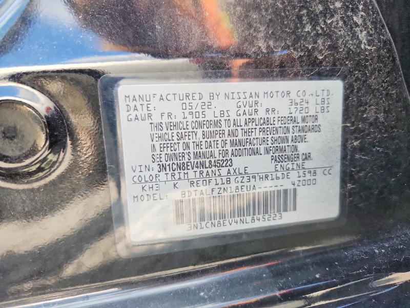 2022 Nissan Versa მანქანა იყიდება აუქციონზე, vin: 3N1CN8EV4NL845223, აუქციონის ნომერი: 66881316