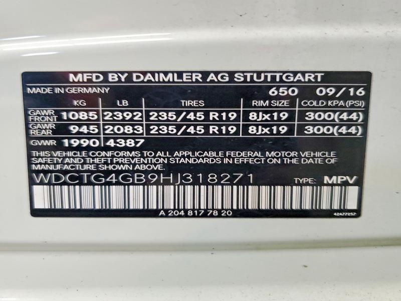 2017 Mercedes-benz Gla მანქანა იყიდება აუქციონზე, vin: WDCTG4GB9HJ318271, აუქციონის ნომერი: 66926496