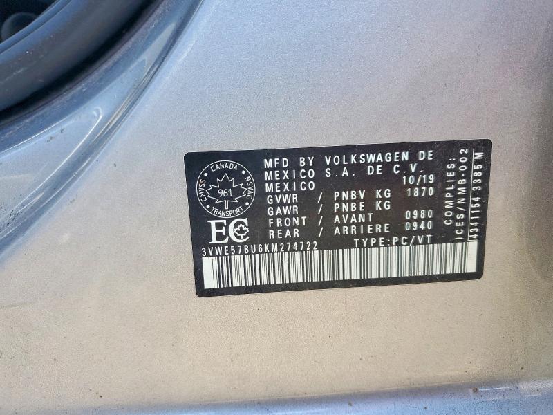 63342876 :رقم المزاد ، 3VWE57BU6KM274722 vin ، 2019 Volkswagen Jetta مزاد بيع