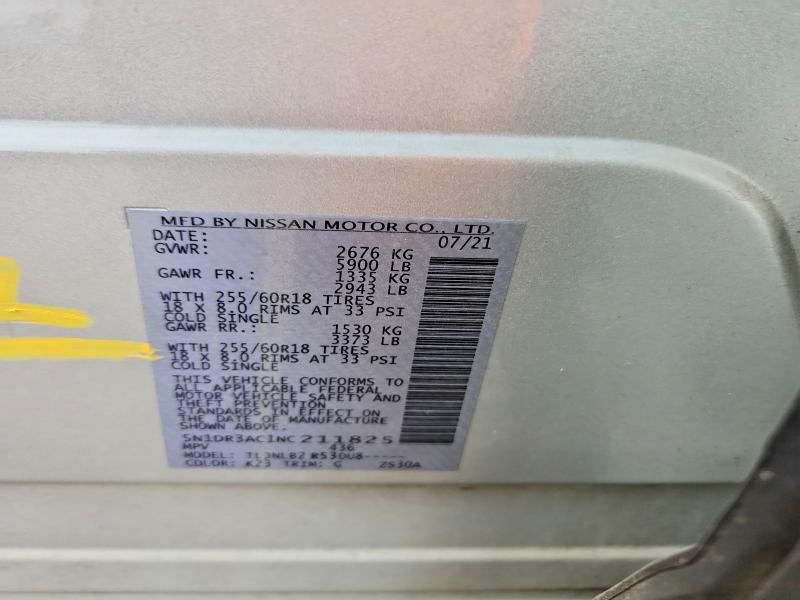 2022 Nissan Pathfinder მანქანა იყიდება აუქციონზე, vin: 5N1DR3AC1NC211825, აუქციონის ნომერი: 61893016