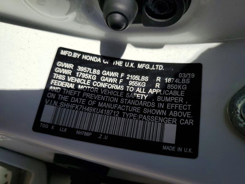 Auction sale of the 2019 Honda Civic, vin: SHHFK7H49KU418712, lot number: 65713686