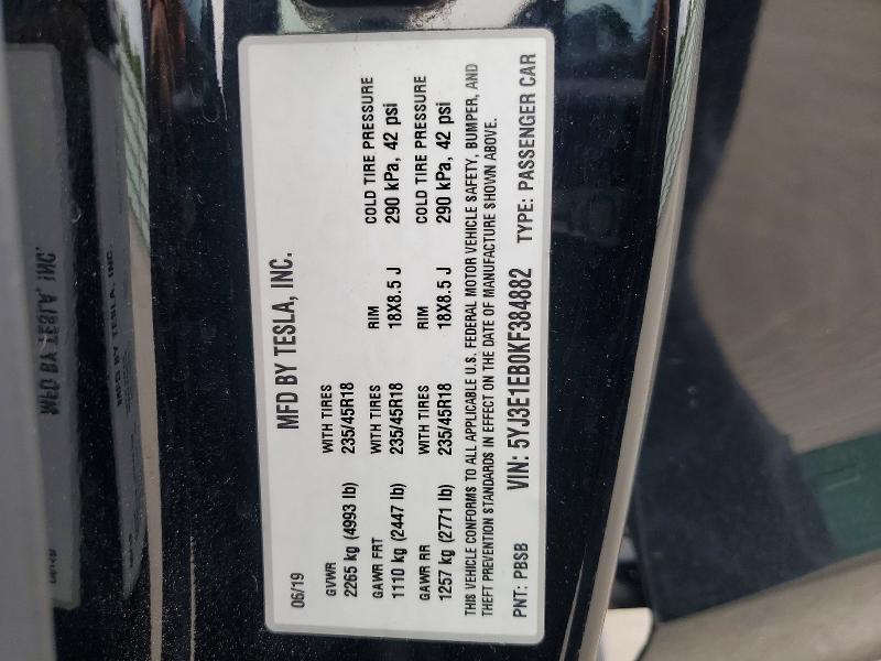 63446536 :رقم المزاد ، 5YJ3E1EB0KF384882 vin ، 2019 Tesla Model 3 مزاد بيع