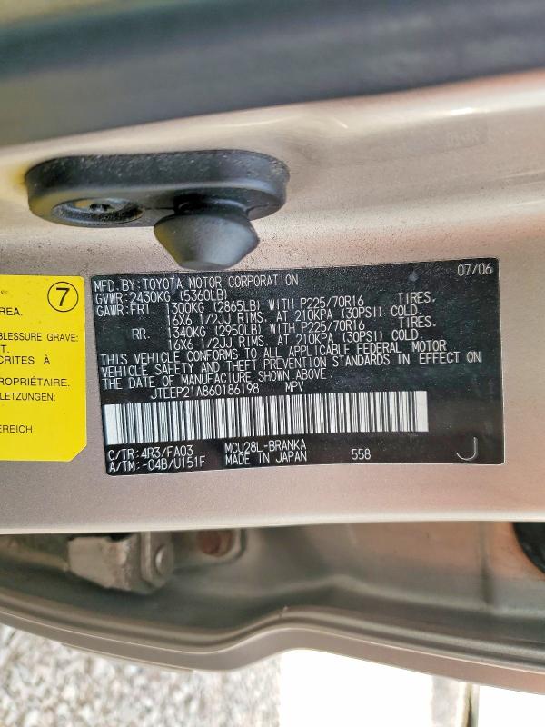 Aukcja sprzedaży 2006 Toyota Highlander, vin: JTEEP21A860186198, numer aukcji: 64558726