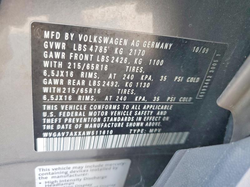 64943926 :رقم المزاد ، WVGAV7AXXAW511610 vin ، 2010 Volkswagen Tiguan مزاد بيع