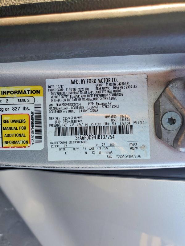 64410506 :رقم المزاد ، 3FA6P0D94JR137254 vin ، 2018 Ford Fusion مزاد بيع