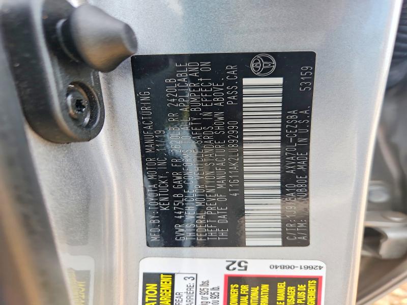 63290716 :رقم المزاد ، 4T1G11AK2LU892990 vin ، 2020 Toyota Camry مزاد بيع