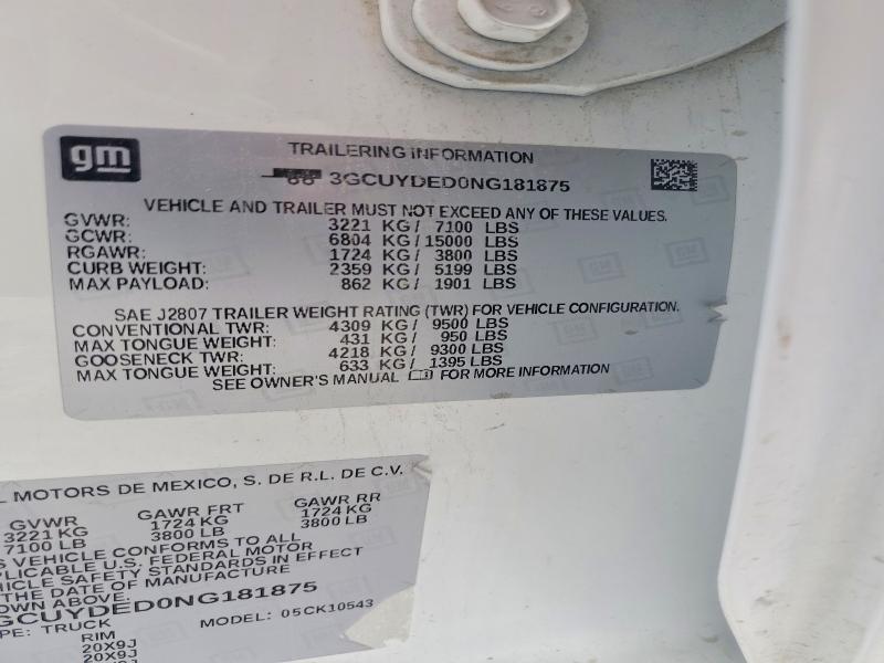 Продаж на аукціоні авто 2022 Chevrolet Silverado Ltd, vin: 3GCUYDED0NG181875, номер лоту: 66393756