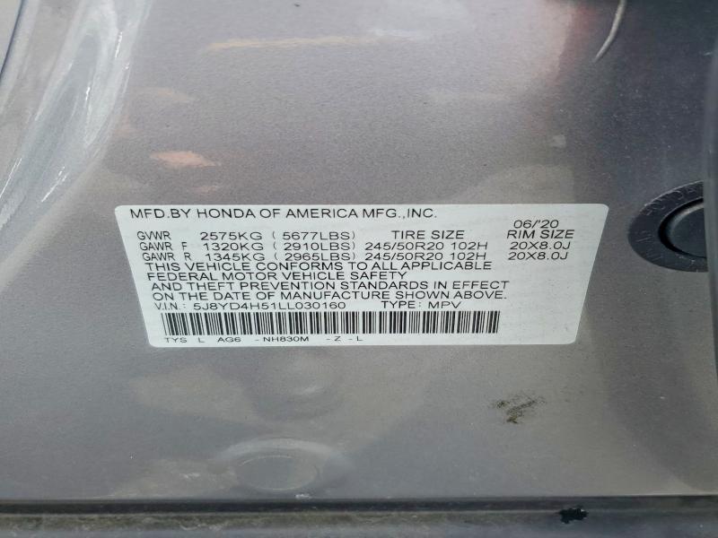 65730826 :رقم المزاد ، 5J8YD4H51LL030160 vin ، 2020 Acura Mdx مزاد بيع