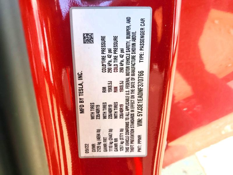 65753946 :رقم المزاد ، 5YJ3E1EA0NF370766 vin ، 2022 Tesla Model 3 مزاد بيع