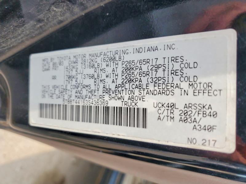 2003 Toyota Tundra მანქანა იყიდება აუქციონზე, vin: 5TBBT44163S436369, აუქციონის ნომერი: 64567436