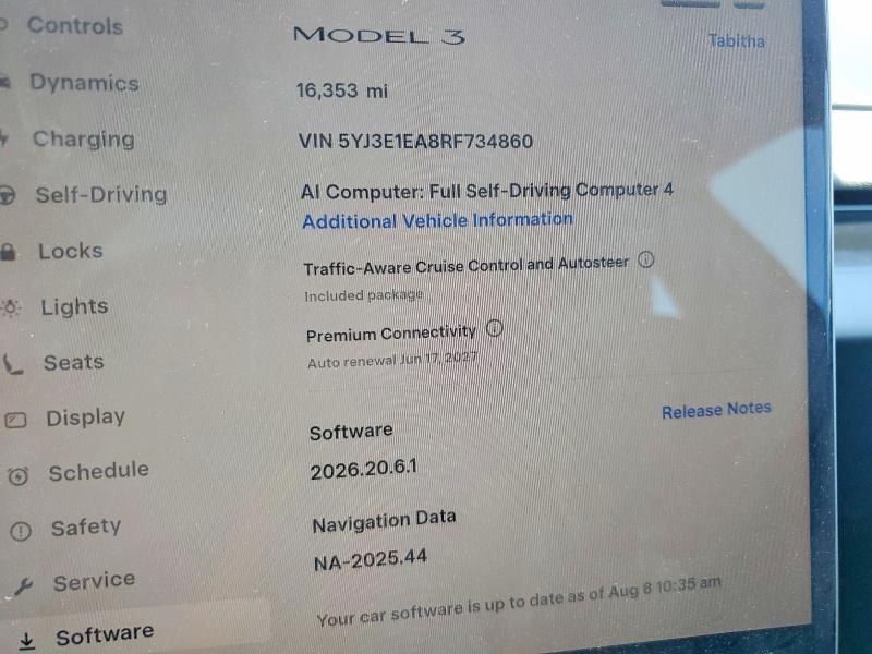 2024 Tesla Model 3 მანქანა იყიდება აუქციონზე, vin: 5YJ3E1EA8RF734860, აუქციონის ნომერი: 64103516