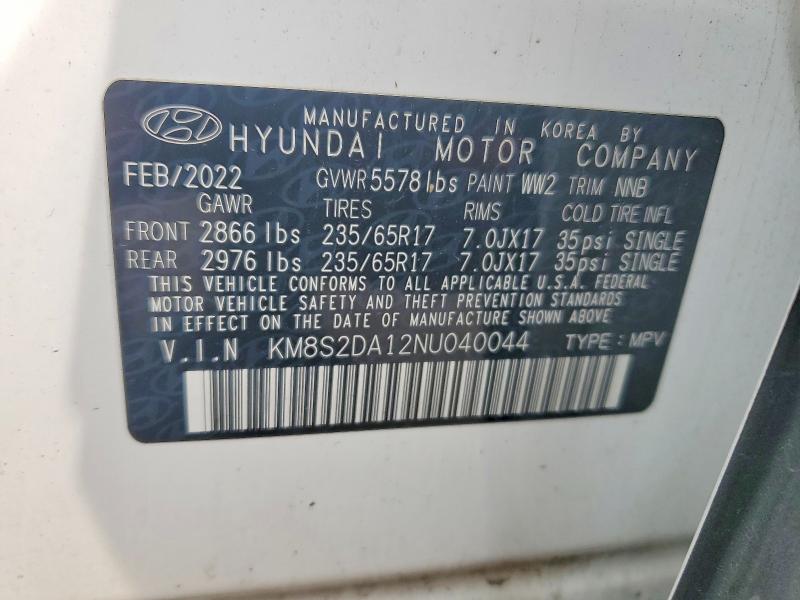 Продаж на аукціоні авто 2022 Hyundai Santa Fe, vin: KM8S2DA12NU040044, номер лоту: 64582726