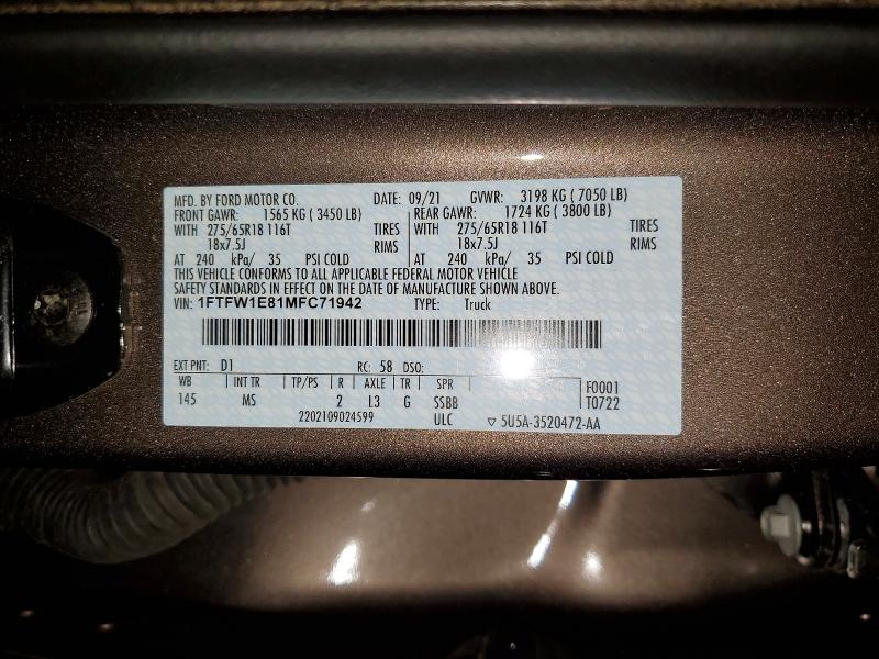 67154286 :رقم المزاد ، 1FTFW1E81MFC71942 vin ، 2021 Ford F150 مزاد بيع