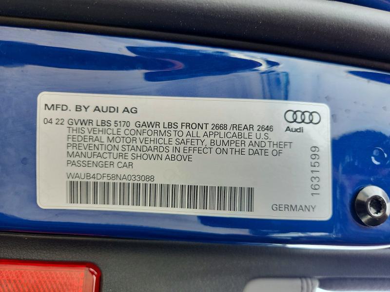 Aukcja sprzedaży 2022 Audi S5, vin: WAUB4DF58NA033088, numer aukcji: 66762896