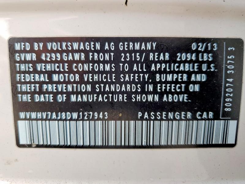 2013 Volkswagen Gti მანქანა იყიდება აუქციონზე, vin: WVWHV7AJ8DW127943, აუქციონის ნომერი: 62084336
