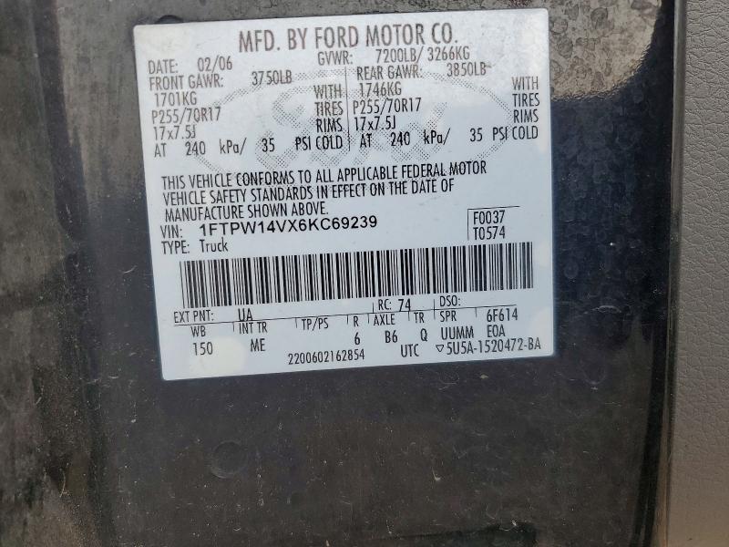 64137306 :رقم المزاد ، 1FTPW14VX6KC69239 vin ، 2006 Ford F150 مزاد بيع