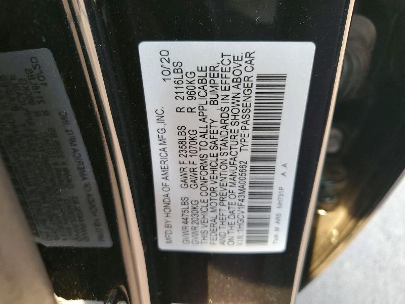 Продаж на аукціоні авто 2021 Honda Accord, vin: 1HGCV1F43MA005662, номер лоту: 66415026