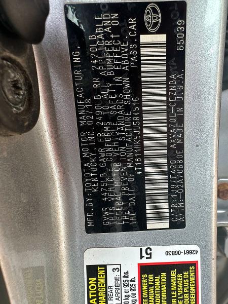 Продаж на аукціоні авто 2018 Toyota Camry, vin: 4T1B11HK5JU584516, номер лоту: 65194946