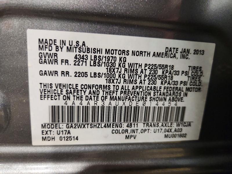 65820616 :رقم المزاد ، 4A4AR3AUXDE014454 vin ، 2013 Mitsubishi Outlander Sport مزاد بيع