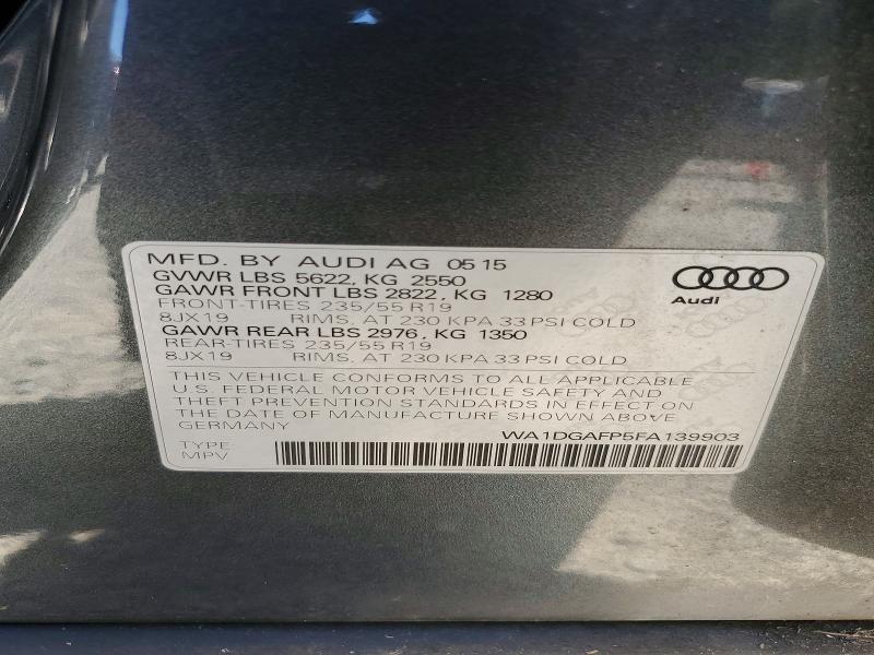 2015 Audi Q5 მანქანა იყიდება აუქციონზე, vin: WA1DGAFP5FA139903, აუქციონის ნომერი: 64065486