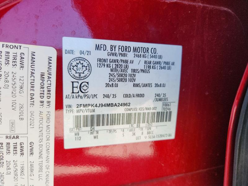 65940226 :رقم المزاد ، 2FMPK4J94MBA24962 vin ، 2021 Ford Edge مزاد بيع