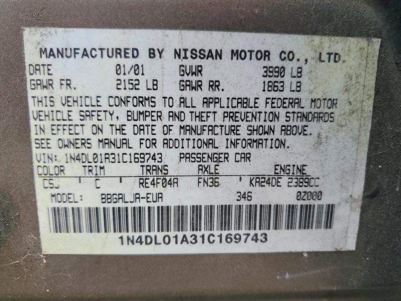 Auction sale of the 2001 Nissan Altima, vin: 1N4DL01A31C169743, lot number: 61647896