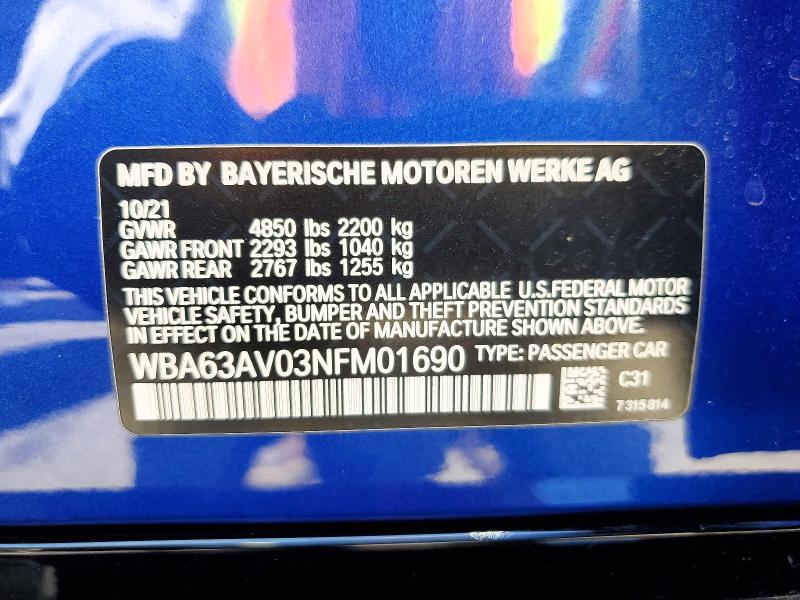 Aukcja sprzedaży 2022 Bmw 430i, vin: WBA63AV03NFM01690, numer aukcji: 63863186