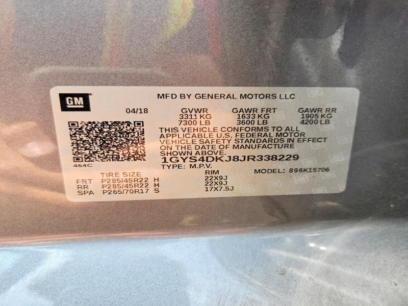 2018 Cadillac Escalade მანქანა იყიდება აუქციონზე, vin: 1GYS4DKJ8JR338229, აუქციონის ნომერი: 64834066