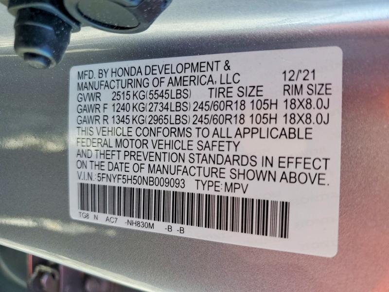 Продаж на аукціоні авто 2022 Honda Pilot, vin: 5FNYF5H50NB009093, номер лоту: 65285536