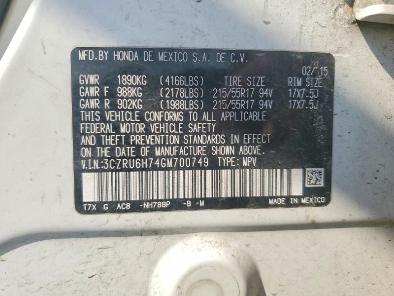 64490876 :رقم المزاد ، 3CZRU6H74GM700749 vin ، 2016 Honda Hr-v مزاد بيع