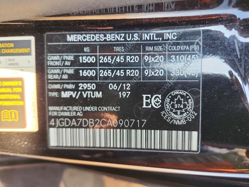 Aukcja sprzedaży 2012 Mercedes-benz Ml, vin: 4JGDA7DB2CA090717, numer aukcji: 65414736
