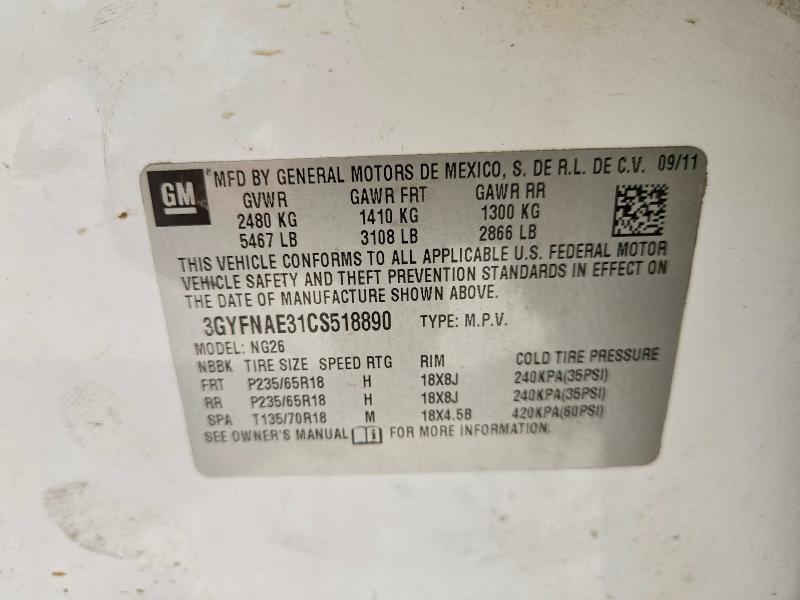 63654726 :رقم المزاد ، 3GYFNAE31CS518890 vin ، 2012 Cadillac Srx مزاد بيع