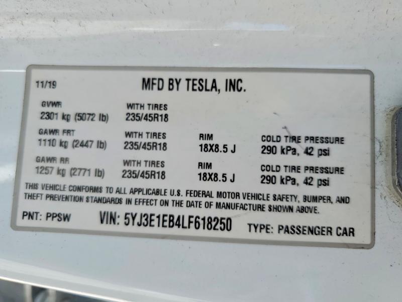 2020 Tesla Model 3 მანქანა იყიდება აუქციონზე, vin: 5YJ3E1EB4LF618250, აუქციონის ნომერი: 66561906