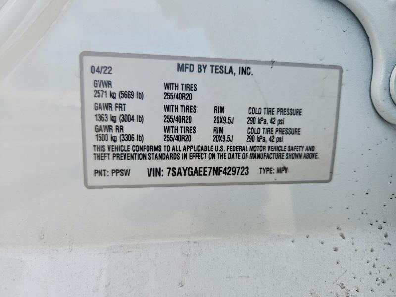 65864206 :رقم المزاد ، 7SAYGAEE7NF429723 vin ، 2022 Tesla Model Y مزاد بيع