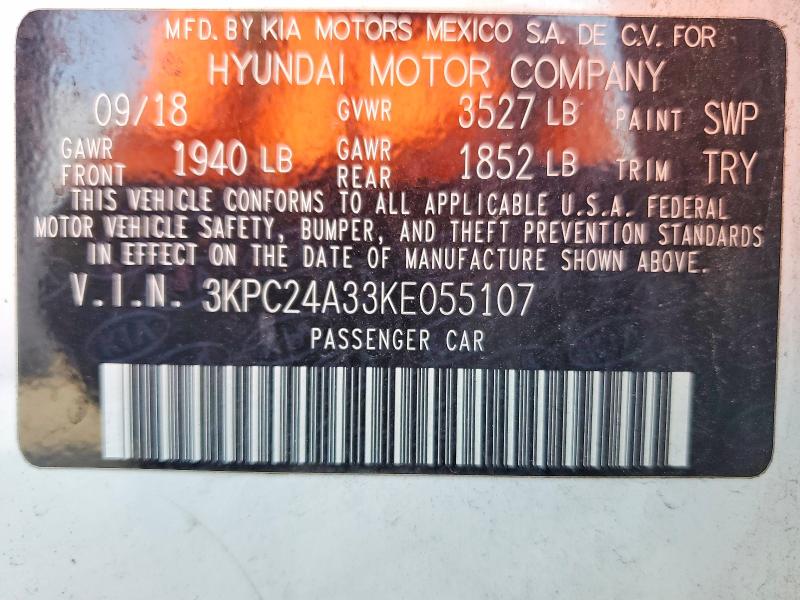 65644536 :رقم المزاد ، 3KPC24A33KE055107 vin ، 2019 Hyundai Accent مزاد بيع
