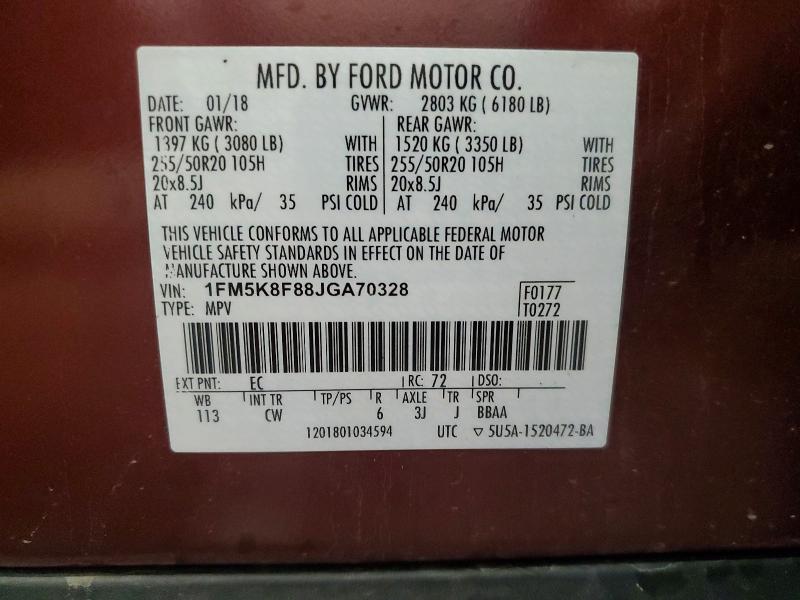 64314236 :رقم المزاد ، 1FM5K8F88JGA70328 vin ، 2018 Ford Explorer مزاد بيع