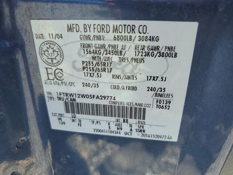 65755676 :رقم المزاد ، 1FTRW12W05FA29774 vin ، 2005 Ford F150 مزاد بيع