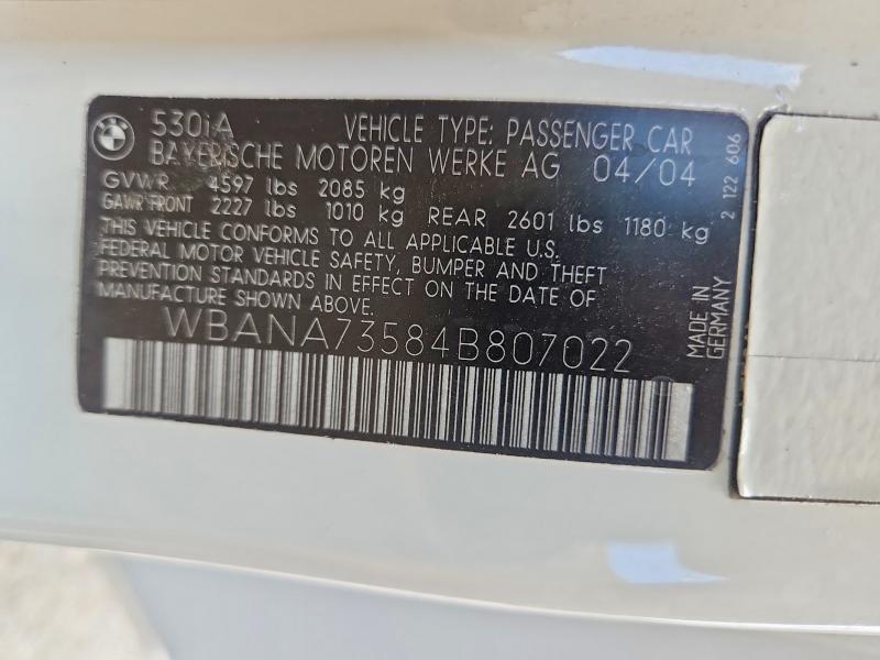 64144956 :رقم المزاد ، WBANA73584B807022 vin ، 2004 Bmw 530 مزاد بيع