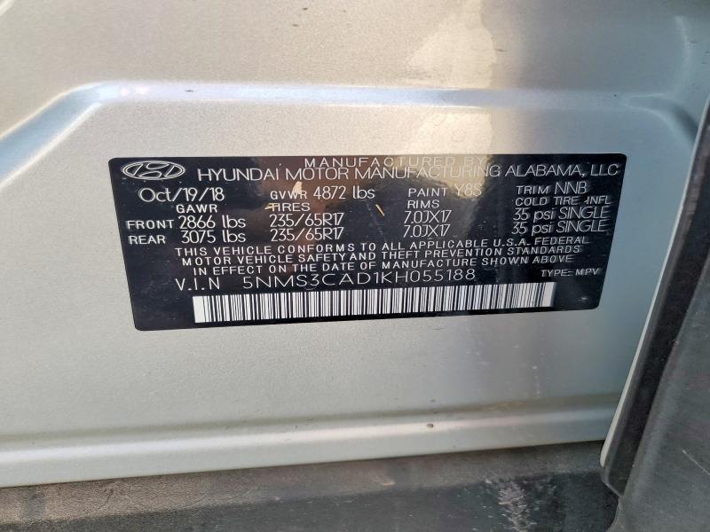 2019 Hyundai Santa Fe მანქანა იყიდება აუქციონზე, vin: 5NMS3CAD1KH055188, აუქციონის ნომერი: 66244466