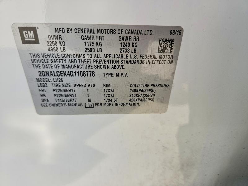 64071886 :رقم المزاد ، 2GNALCEK4G1108778 vin ، 2016 Chevrolet Equinox مزاد بيع