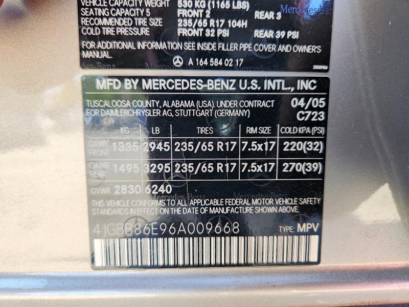 2006 Mercedes-benz Ml მანქანა იყიდება აუქციონზე, vin: 4JGBB86E96A009668, აუქციონის ნომერი: 67017476