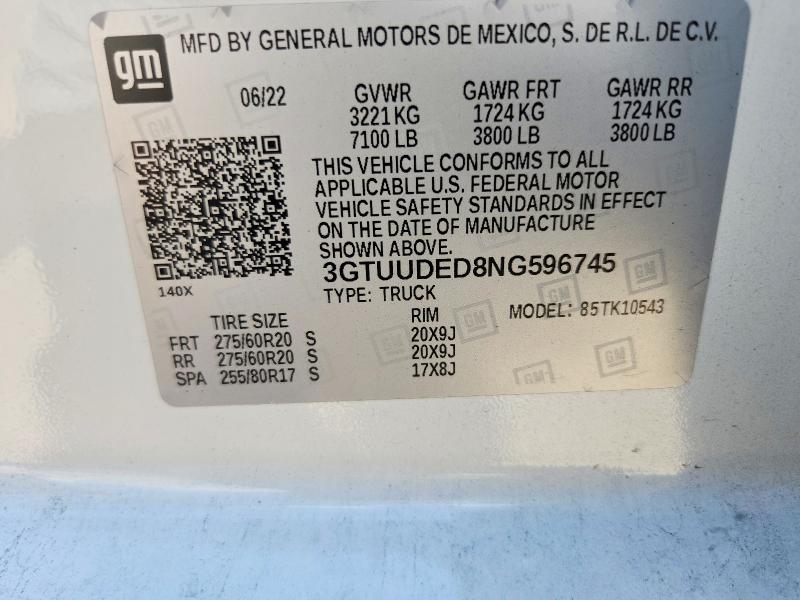 64923666 :رقم المزاد ، 3GTUUDED8NG596745 vin ، 2022 Gmc Sierra مزاد بيع